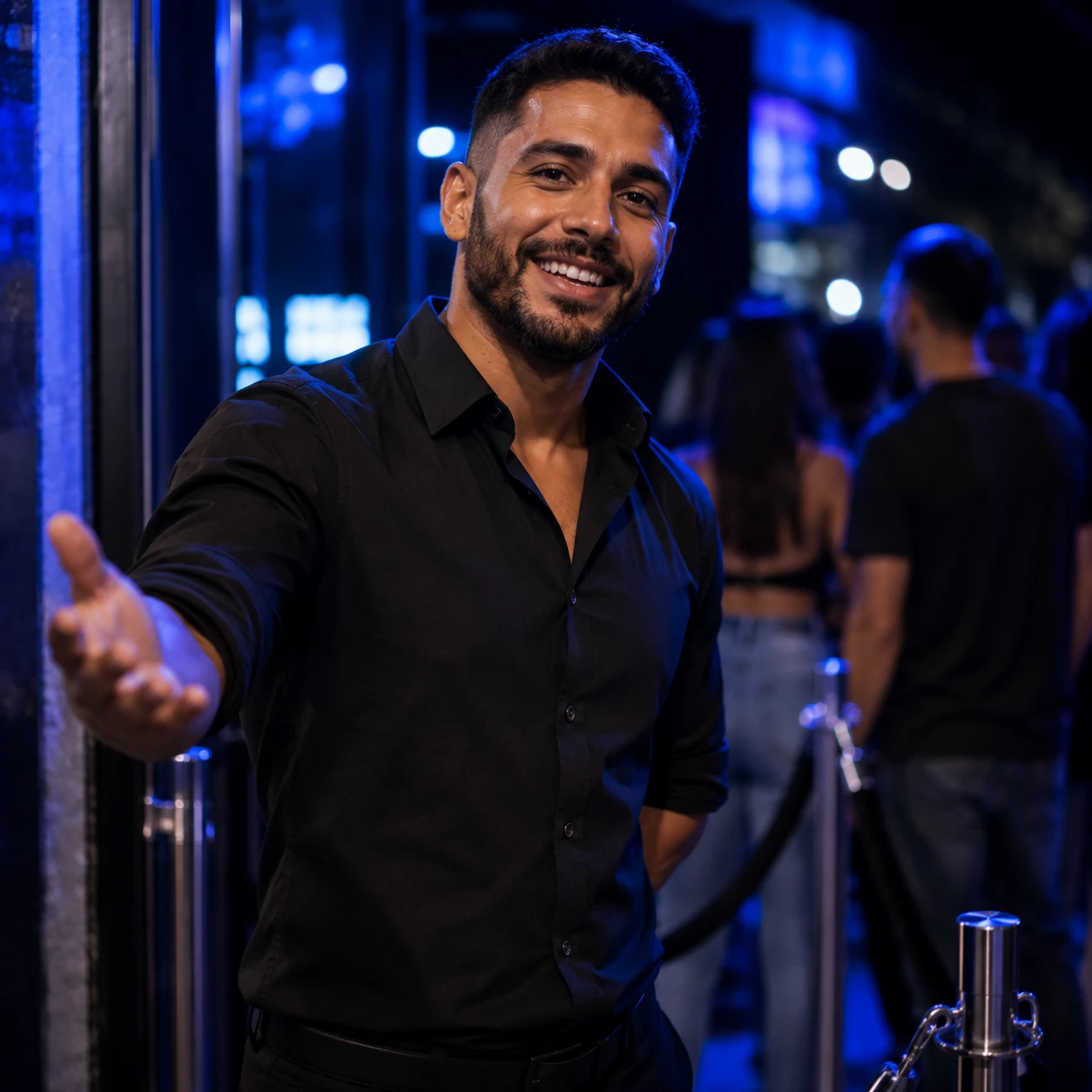 Promoter recebendo o público na entrada do evento