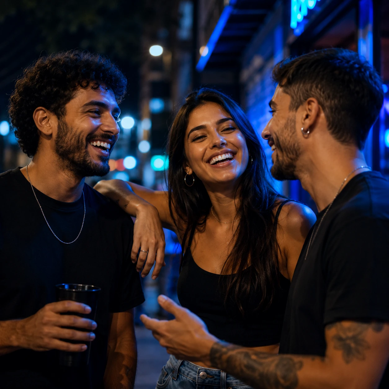 Grupo de amigos na rua à noite